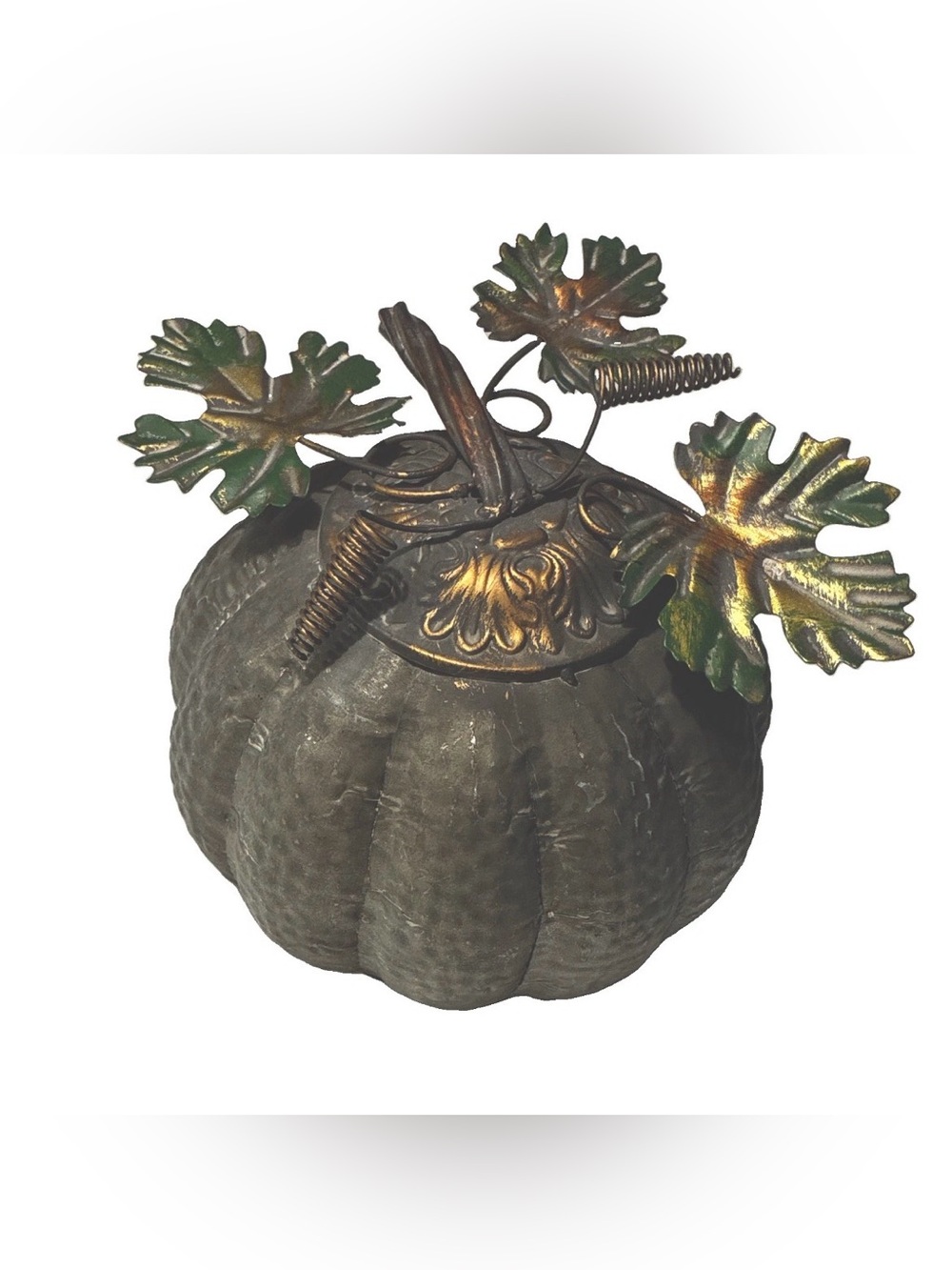 Metal Gray Pumpkin Figurine with Green Leaves – Fall Autumn Thanksgiving Decor